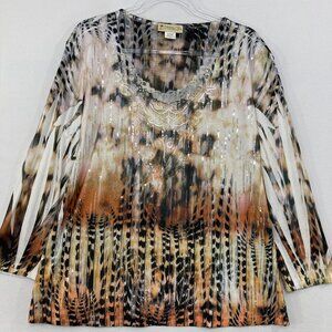Impulse California Top size XL Sequins Boho Abstract Artsy Print Stretch Blouse